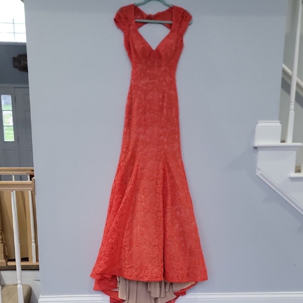 La Femme Coral Lace High-Low Gown with Cap Sleeves